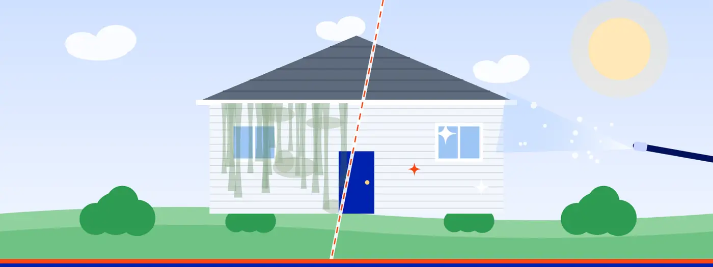 Fence Cleaning 1 House washing illustration: dirty siding on one side, clean siding on the other